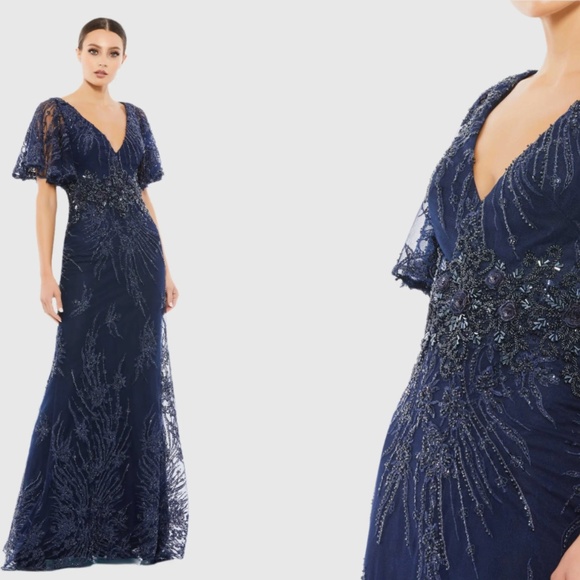 MAC DUGGAL 67493 VINTAGE FLUTTER SLEEVE EVENING MIDNIGHT NAVY GOWN sz 18 - Picture 1 of 5